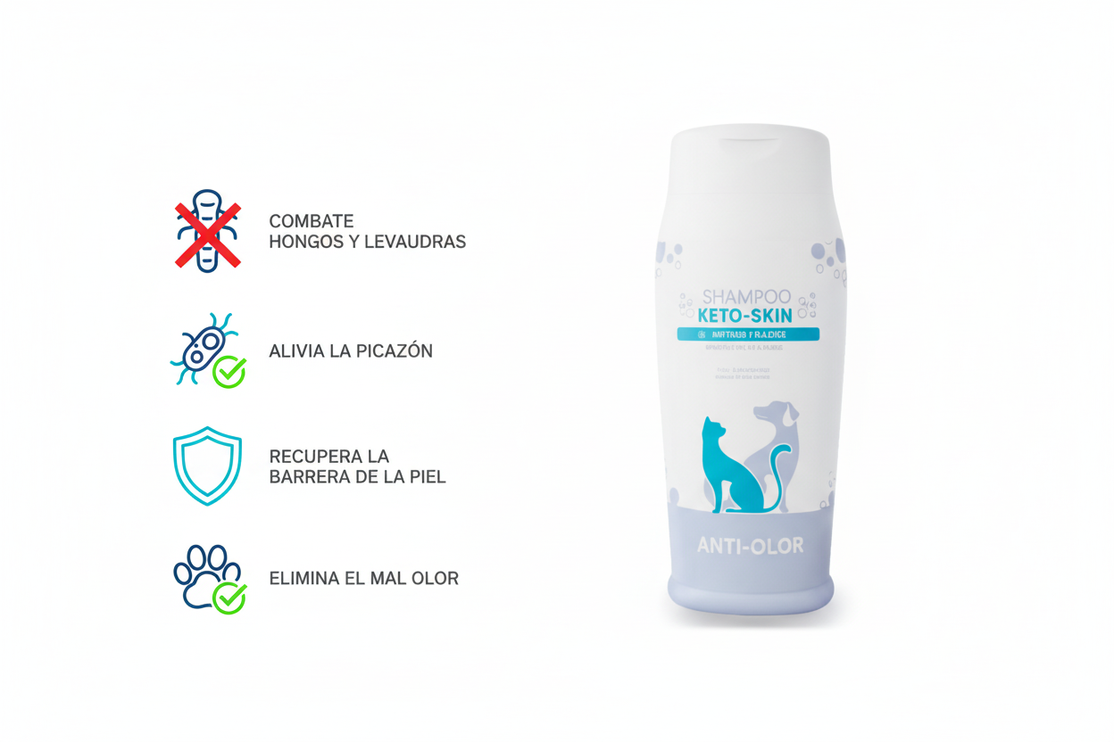 Frasco de Champú Keto Skin de 200 ml para perros y gatos, tratamiento dermatológico veterinario con Ketoconazol para el control de hongos y bacterias en la piel.